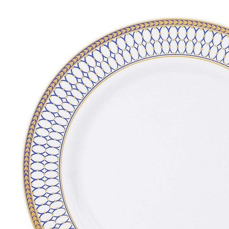 Smarty Had A Party 7.5" White with Blue and Gold Chord Rim Plastic Appetizer/Salad Plates (120 Plates), 120PK 627-CASE